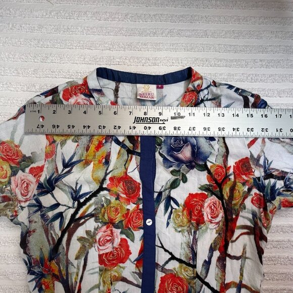 Neeru Kumar Women Multicolor Floral Print Hi-Low Shirt Dress Medium Short Sleeve - Picture 5 of 10